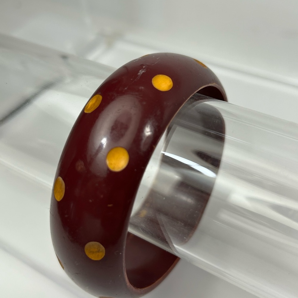 Vintage Maroon and gold overdyed Bakelite  Gold Polka Dot Bangle bracelet
